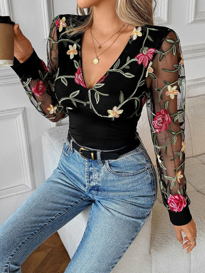 Floral Embroidered Cotton Top in Black - Nowi Korean Fashion