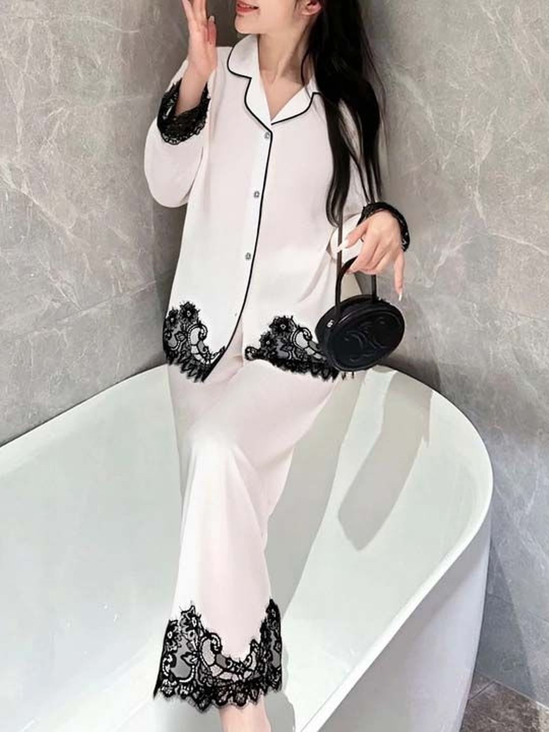 Printed Night suit in White - Nowi Korean Fashion