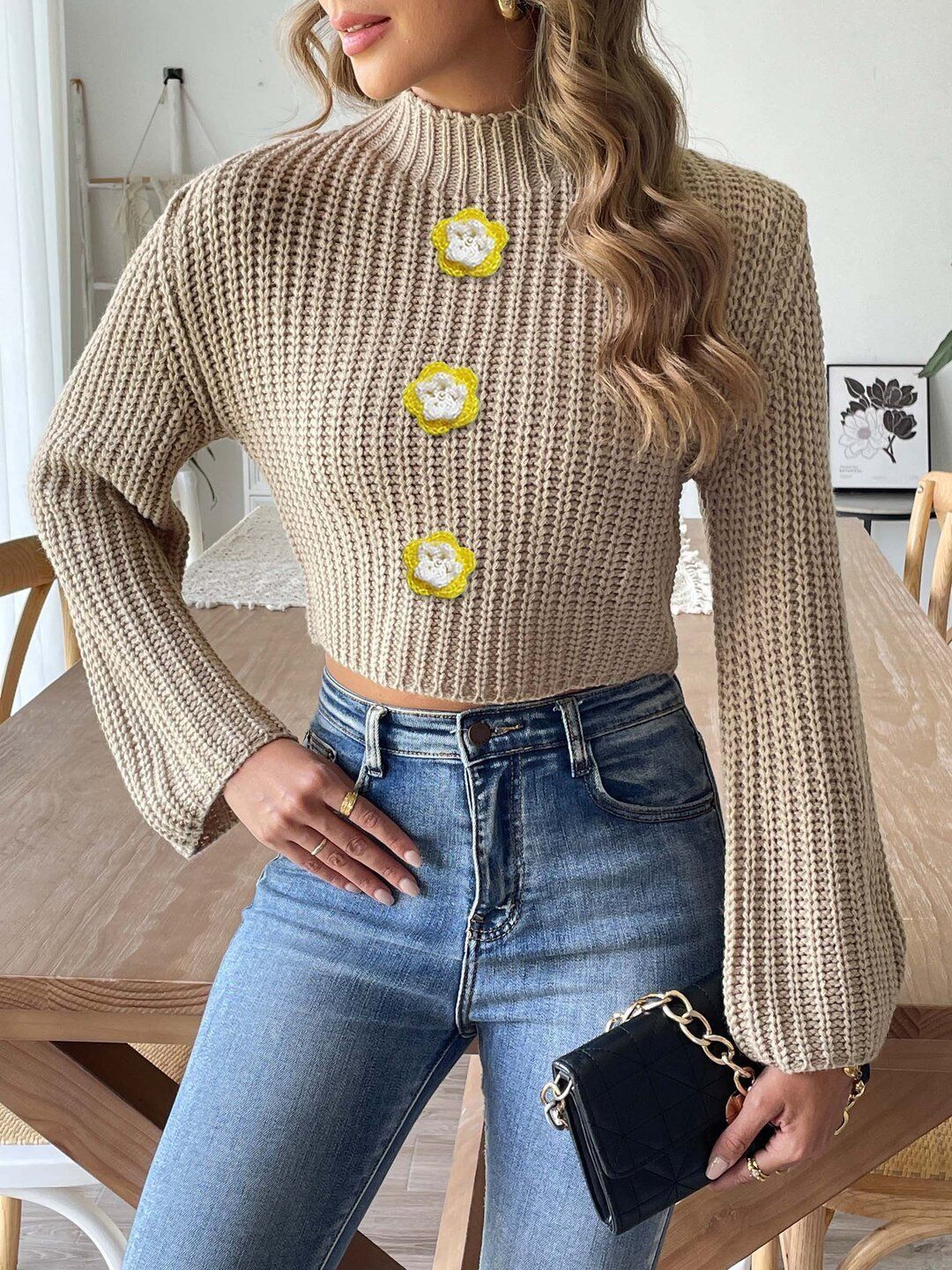 Women Ribbed Crop Pullover with Applique Detail