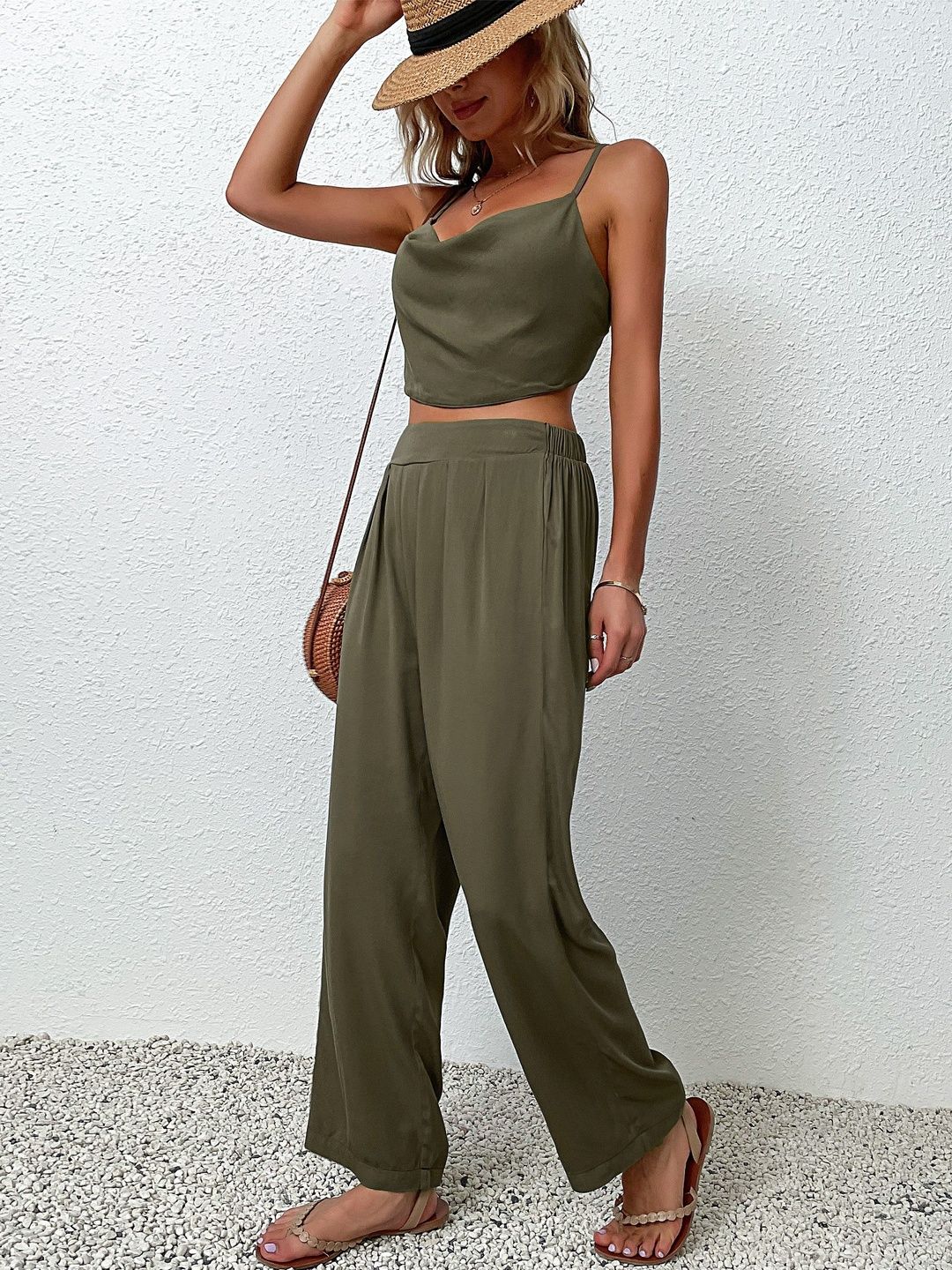 Shoulder Straps Top & Trousers Co-Ords in Green - Nowi Korean Fashion