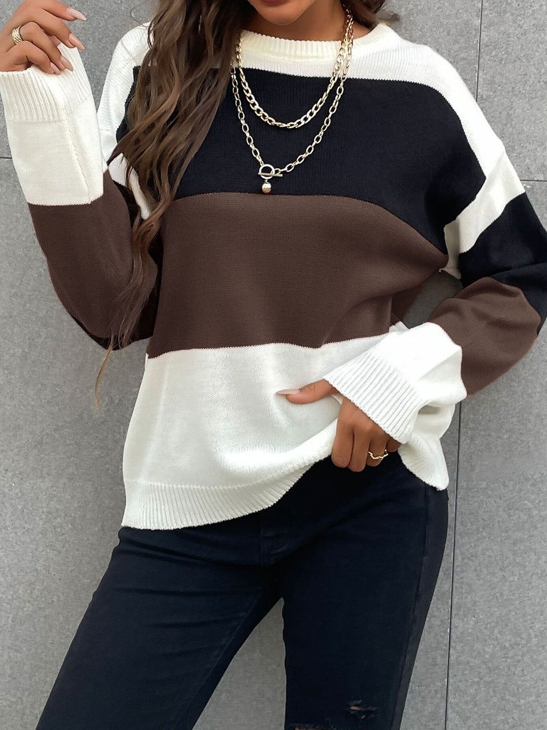 Women's Brown Colourblocked Pullover Blend Printed