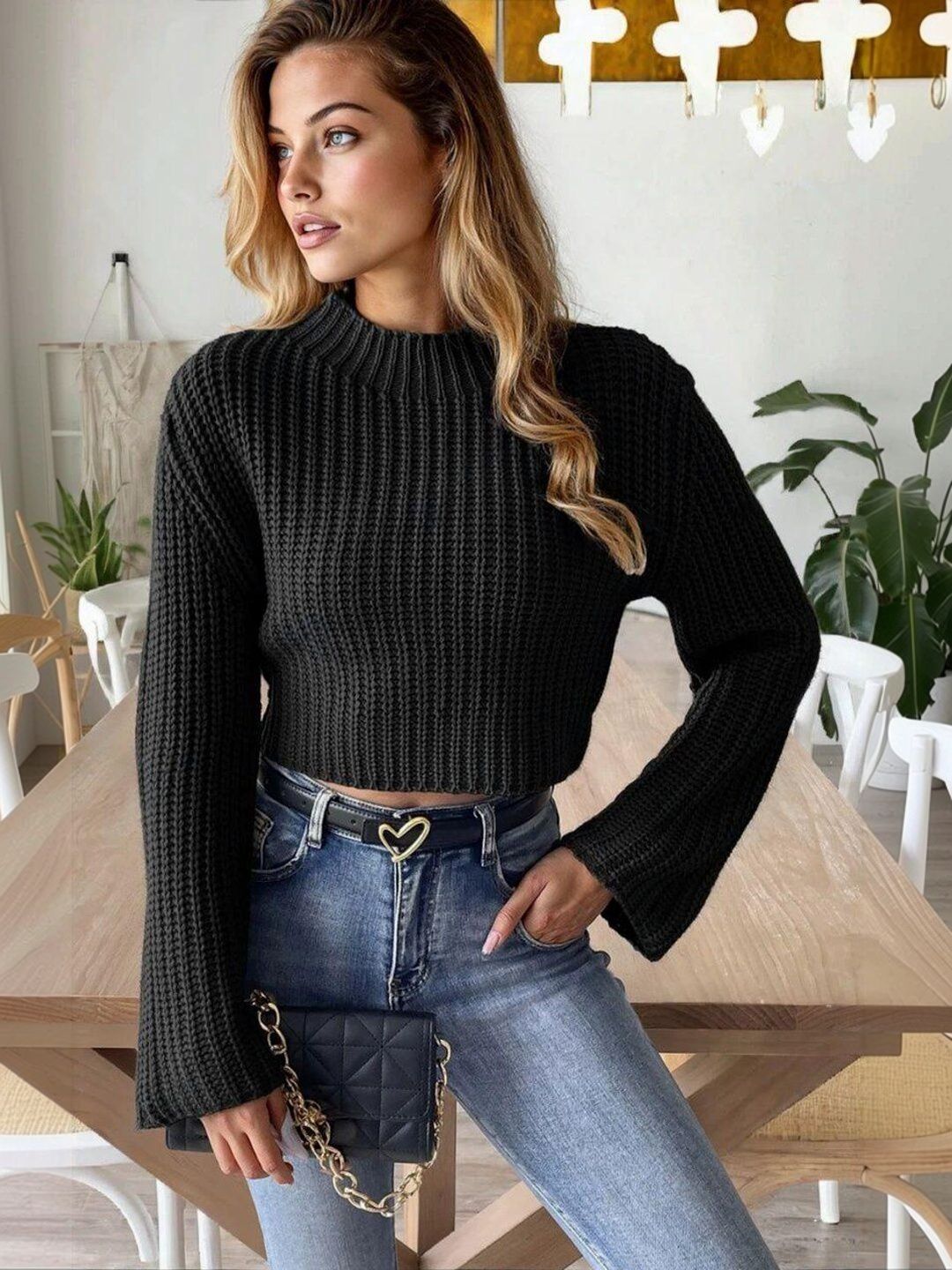 Ribbed Crop Pullover in Black acrylic - Nowi Korean Fashion
