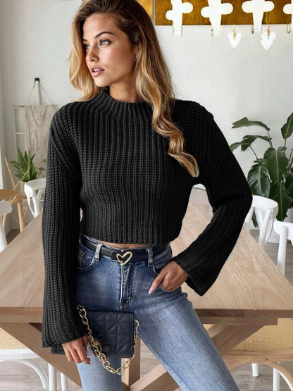 Ribbed Crop Pullover in Black acrylic - Nowi Korean Fashion