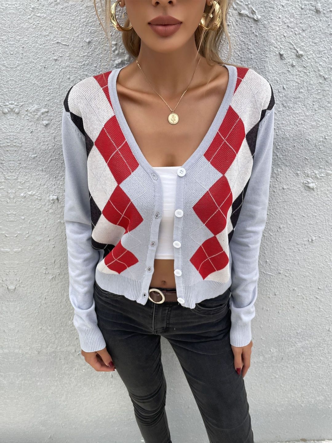 Women Argyle Checked Cardigan