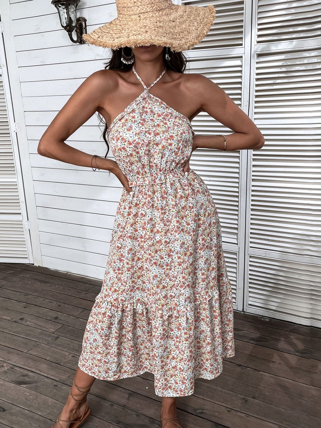 Floral Print Halter Neck Fit & Flare Midi Dress