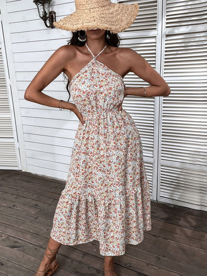Floral Print Halter Neck Fit & Flare Midi Dress