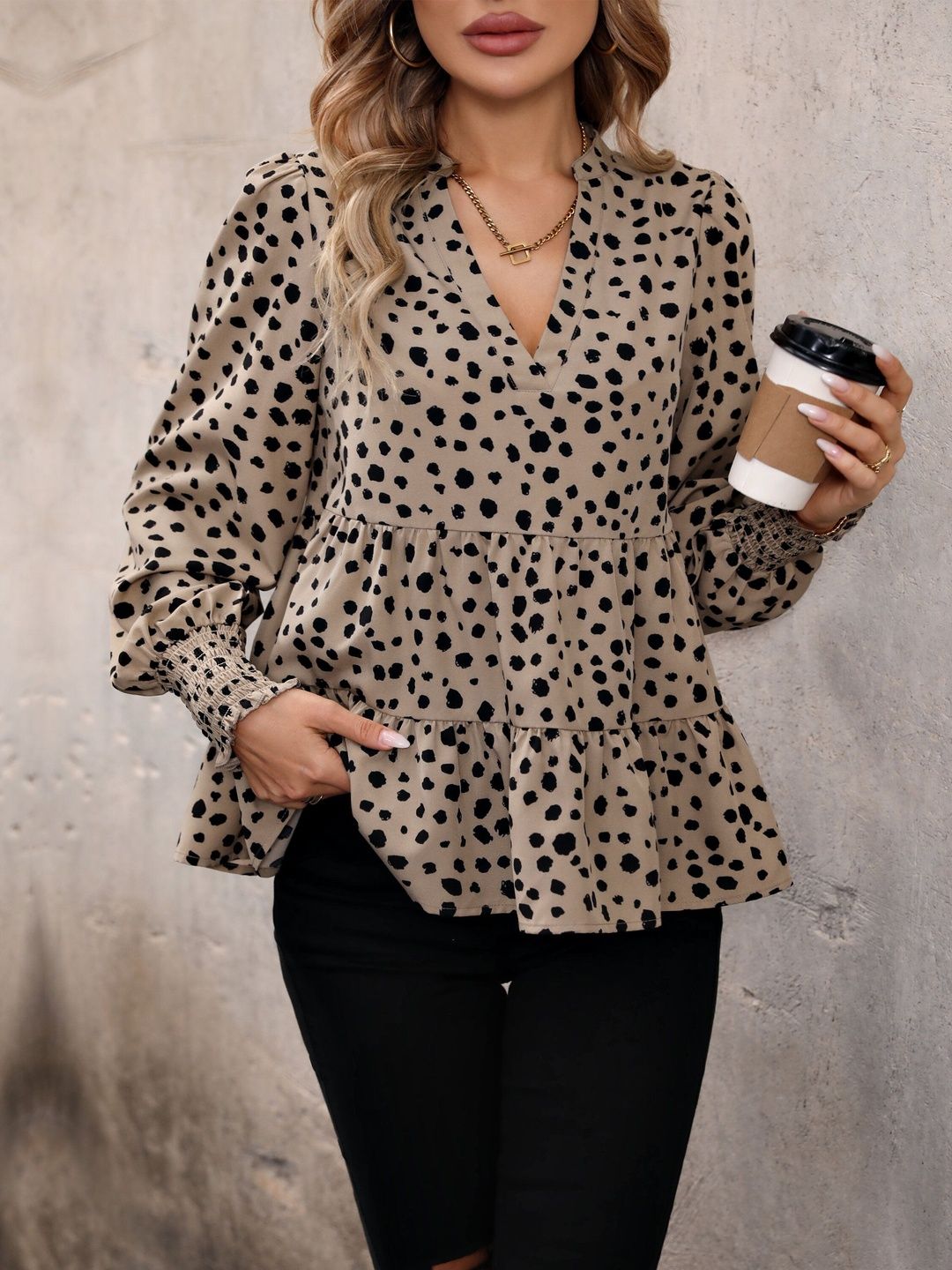 Women's Beige Animal Print Bishop Sleeves Peplum Top