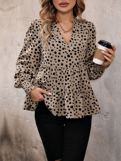 Women's Beige Animal Print Bishop Sleeves Peplum Top