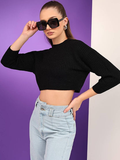 NOWI Women Ribbed Woollen Crop Pullover