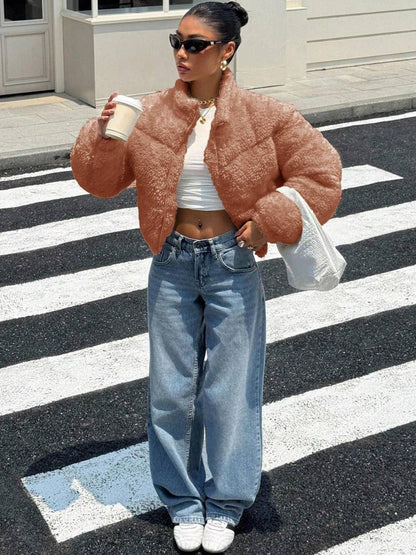 Woollen Crop Puffer Jacket in Brown - Nowi Korean Fashion