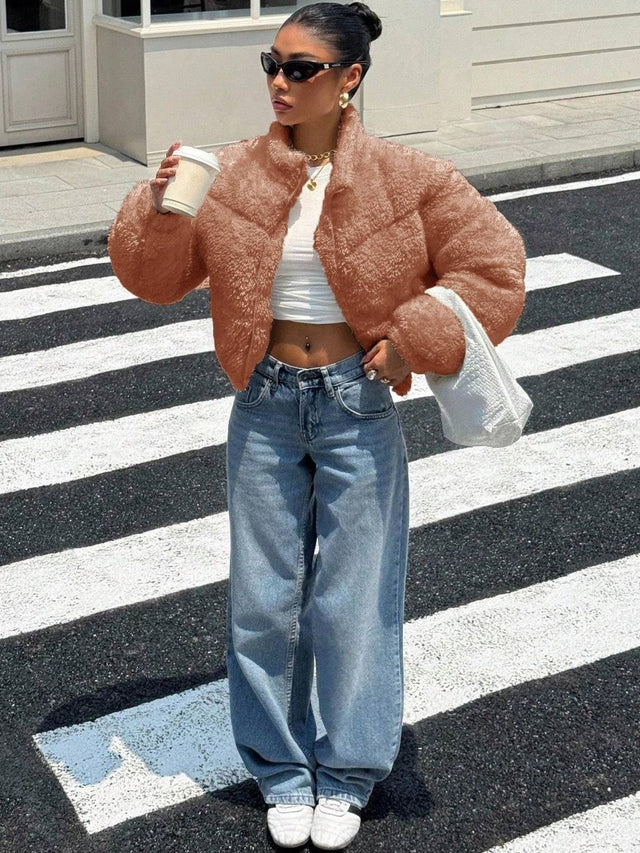 Woollen Crop Puffer Jacket in Brown - Nowi Korean Fashion