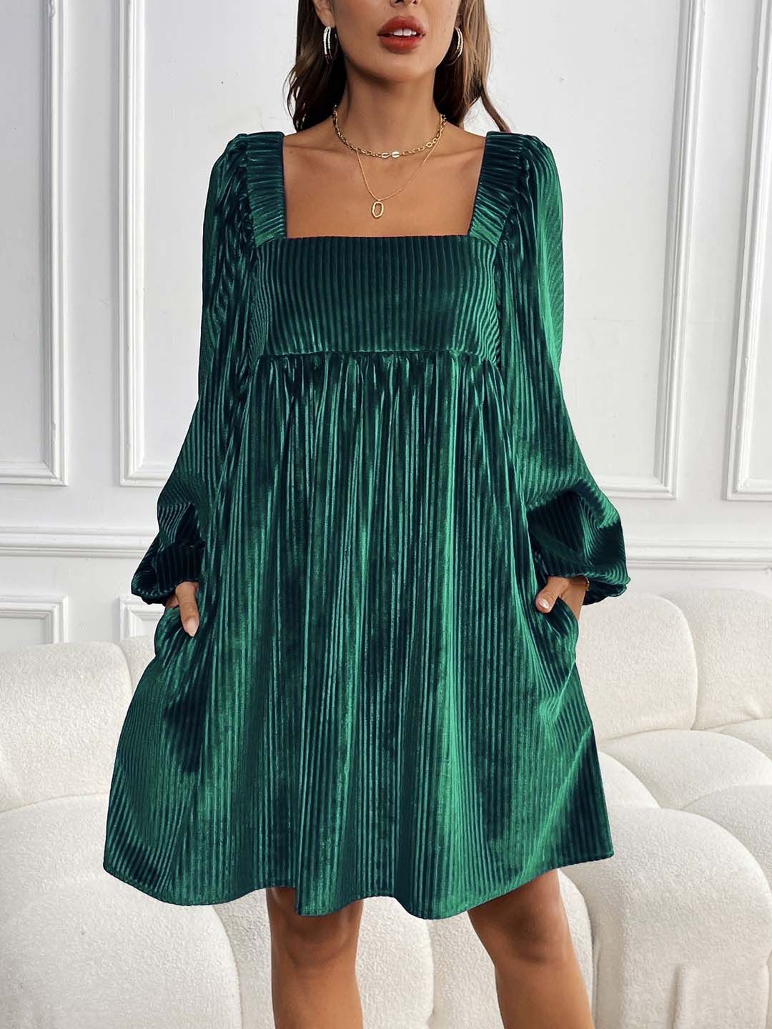 Puff Sleeve A-Line Dress in Green Striped - Nowi Korean Fashion