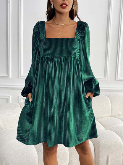 Puff Sleeve A-Line Dress in Green Striped - Nowi Korean Fashion