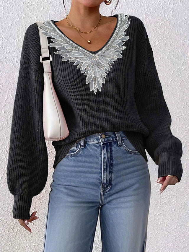 Embroidered Ribbed Pullover with Embroidered Detail in Black acrylic - Nowi Korean Fashion
