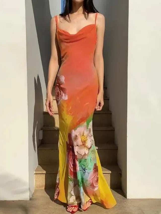 Floral Print Cowl Neck Sheath Maxi Dress in Multicolor polyester - Nowi Korean Fashion