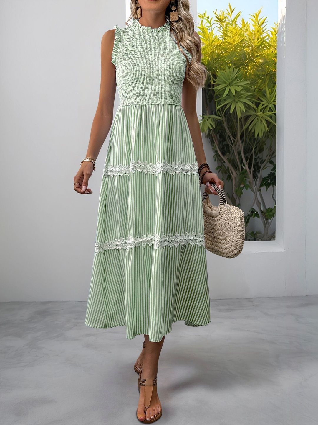 Striped Flutter Sleeve Fit & Flare Midi Dress