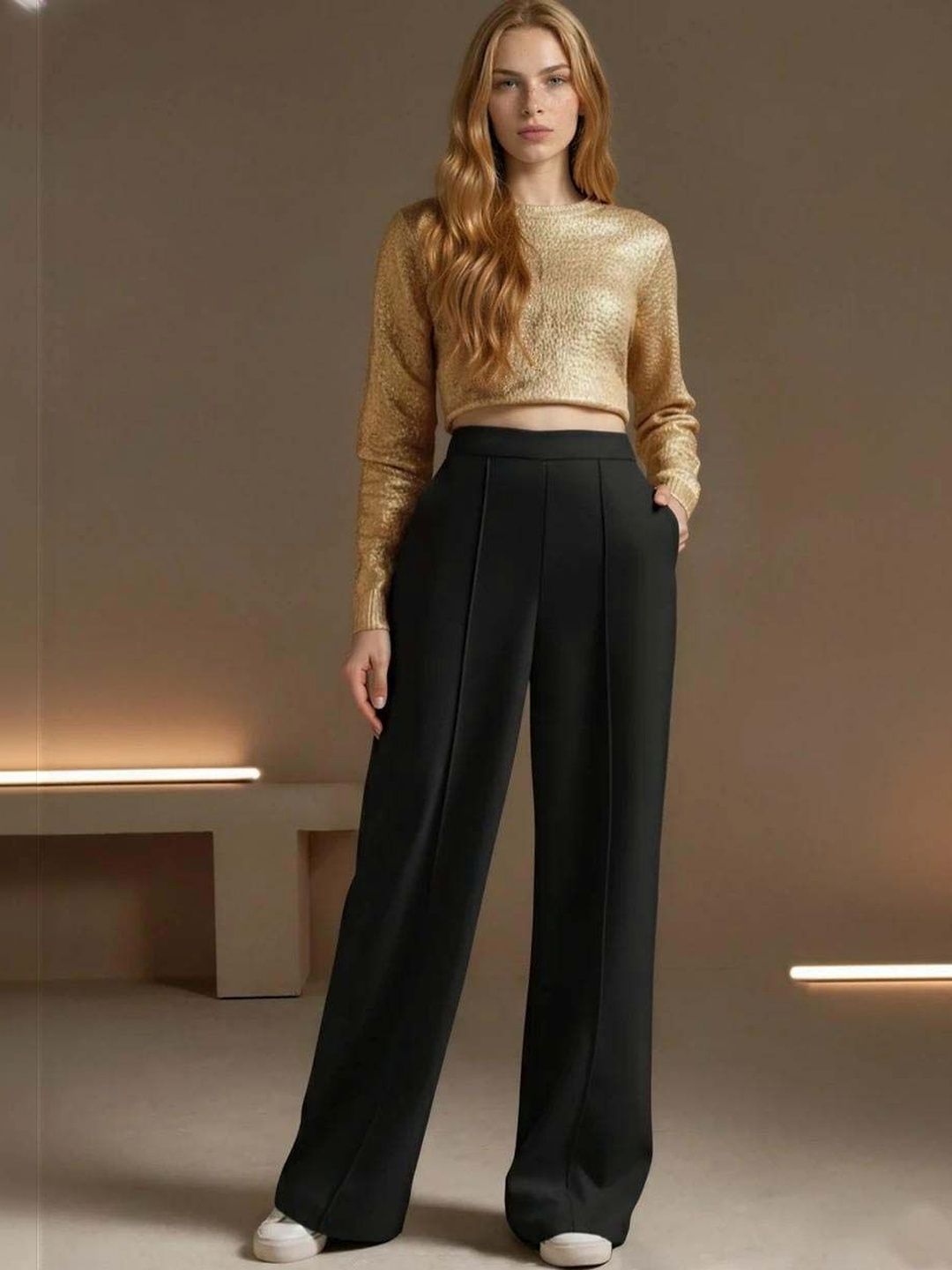 Wrinkle Free Trousers in Black polyester Style 46 - Nowi Korean Fashion
