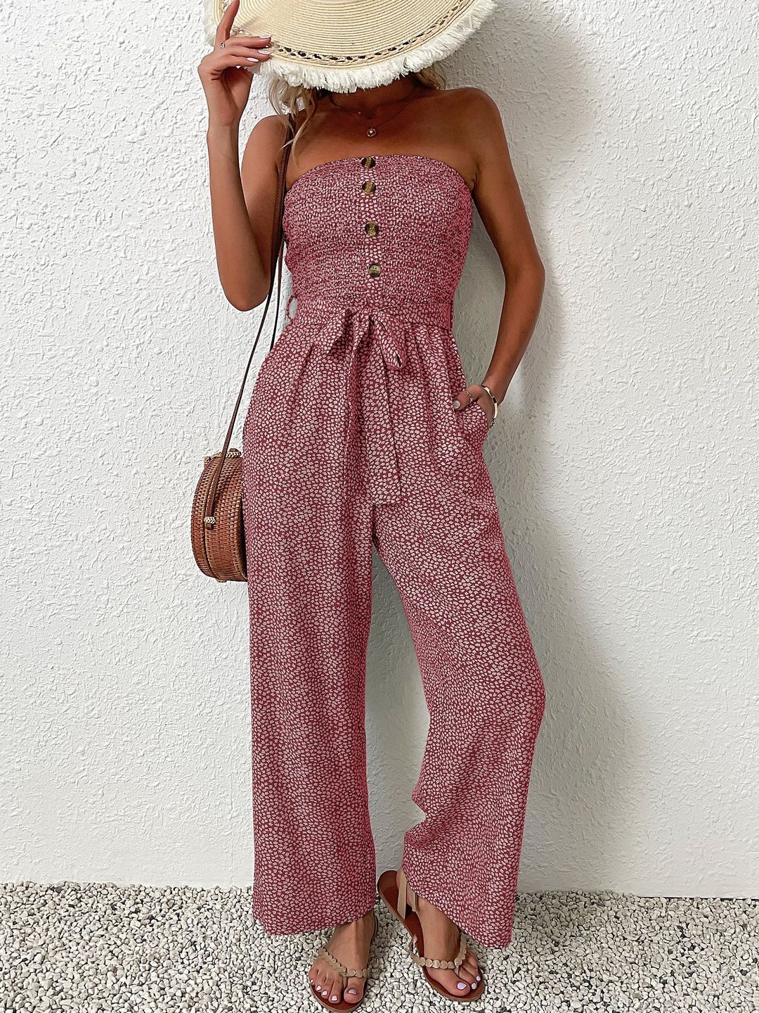 Off-Shoulder Printed Basic Jumpsuit in Pink cotton - Nowi Korean Fashion