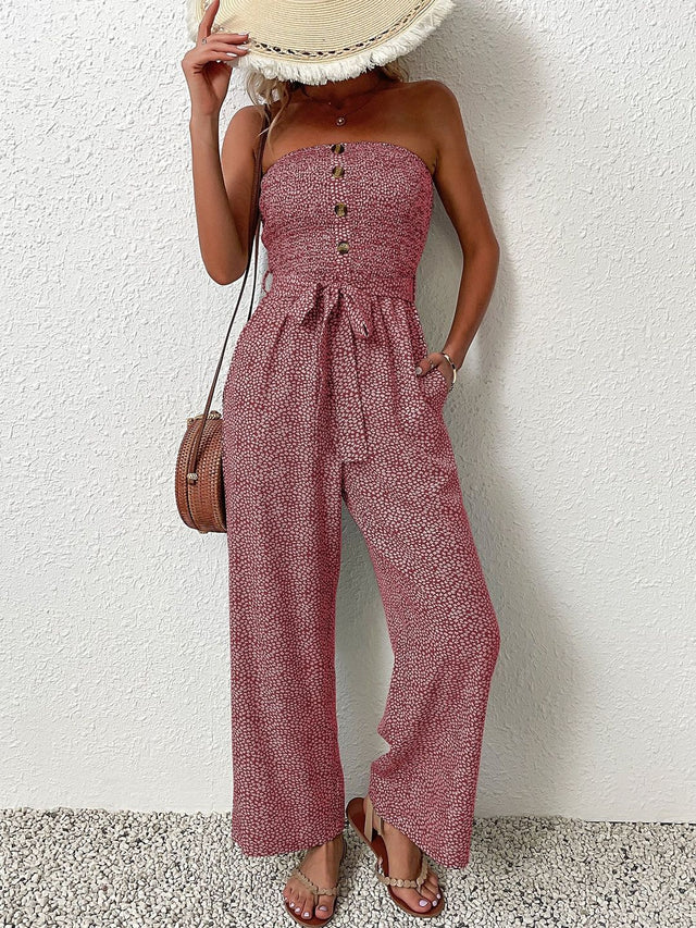 Off-Shoulder Printed Basic Jumpsuit in Pink cotton - Nowi Korean Fashion