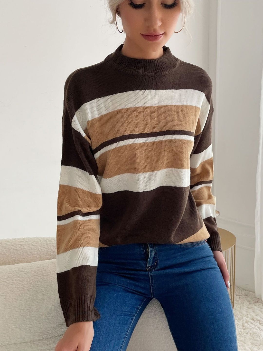 Women's Brown Striped Pullover Blend Regular Fit