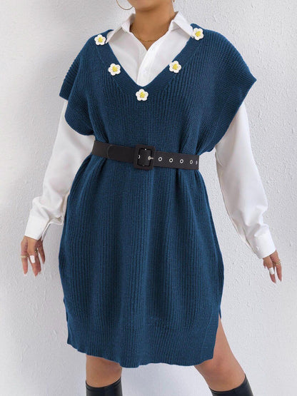 Women Ribbed Longline Sweater Vest with Applique Detail
