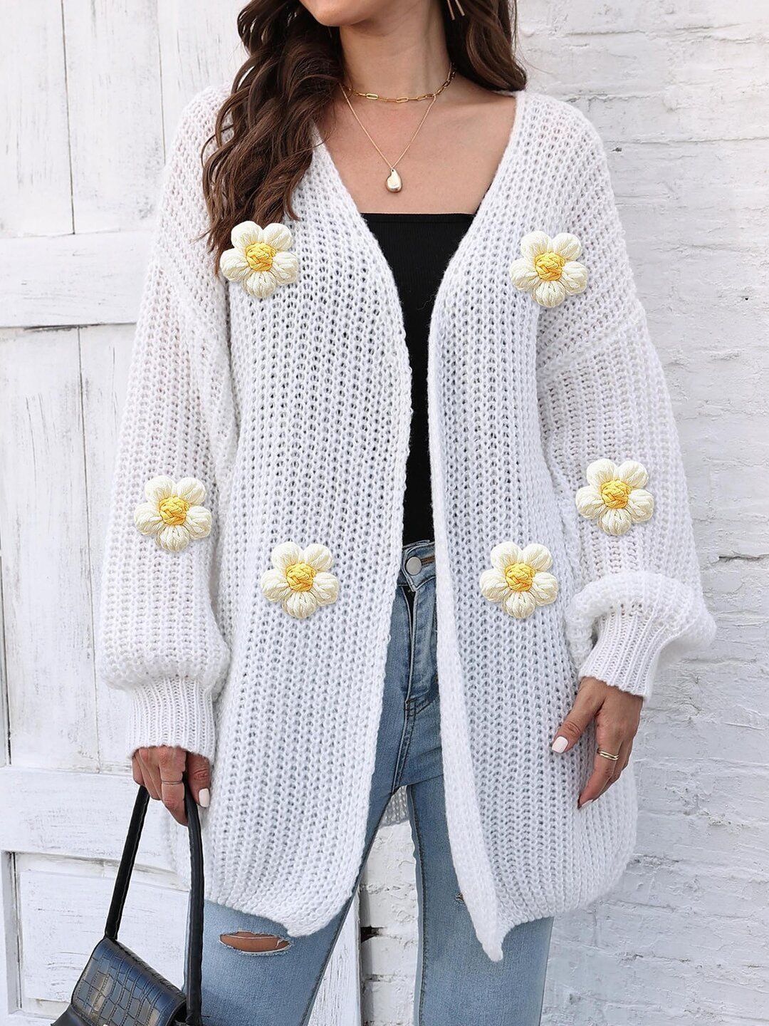 Women Floral Longline Cardigan with Applique Detail