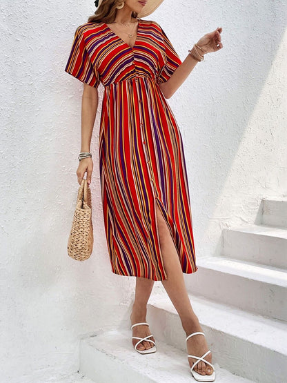 Striped Flared Sleeve A-Line Midi Dress