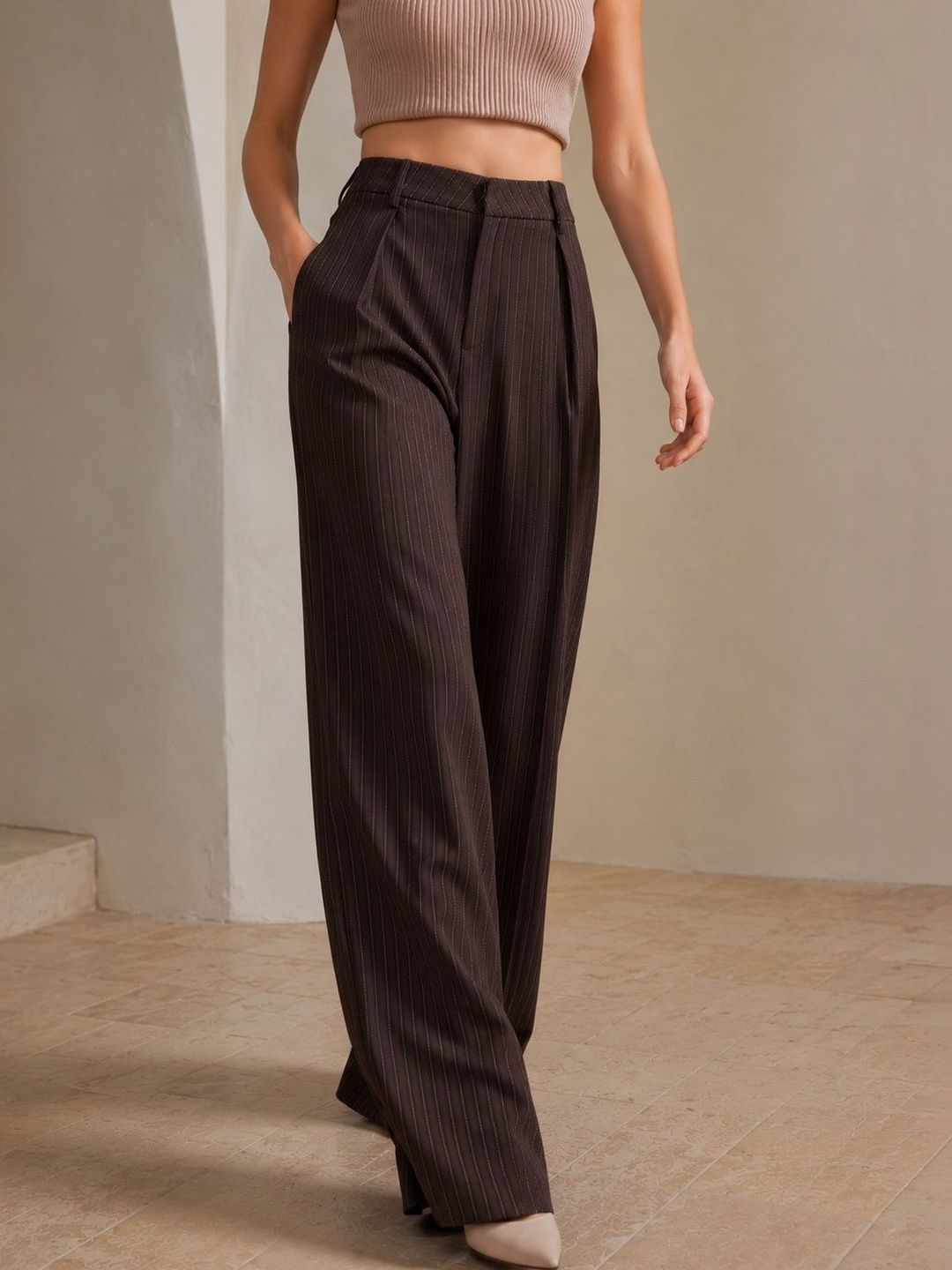 Women Striped Relaxed High-Rise Easy Wash Pleated Trousers