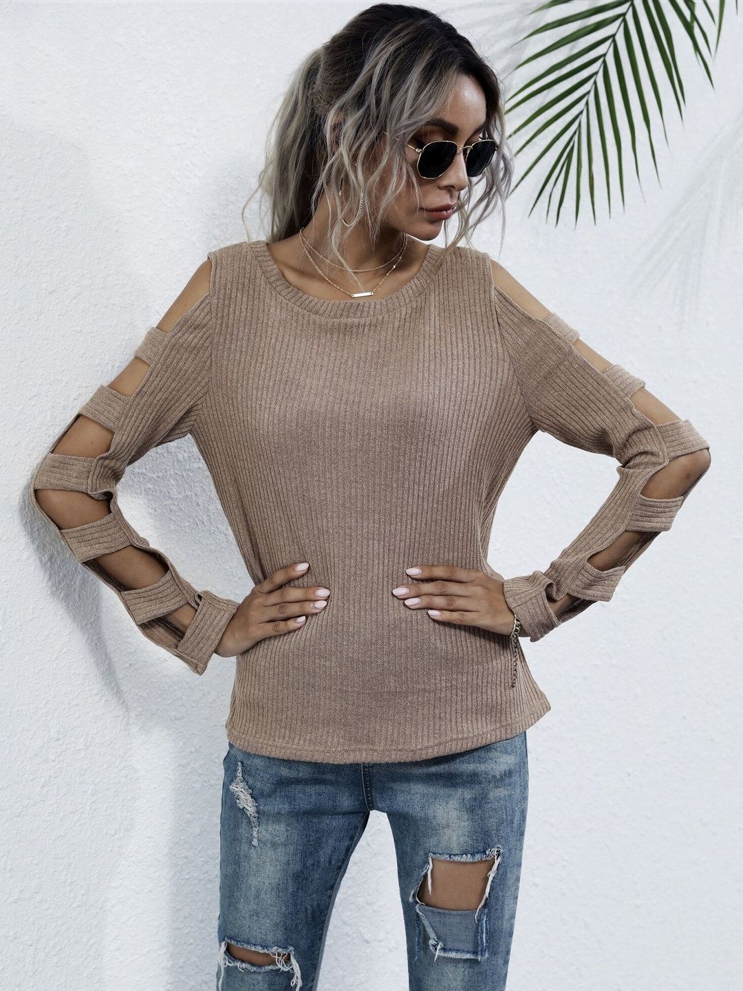 Women's Brown Ribbed Pullover Blend Printed Regular Fit