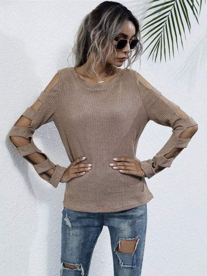 Women's Brown Ribbed Pullover Blend Printed Regular Fit