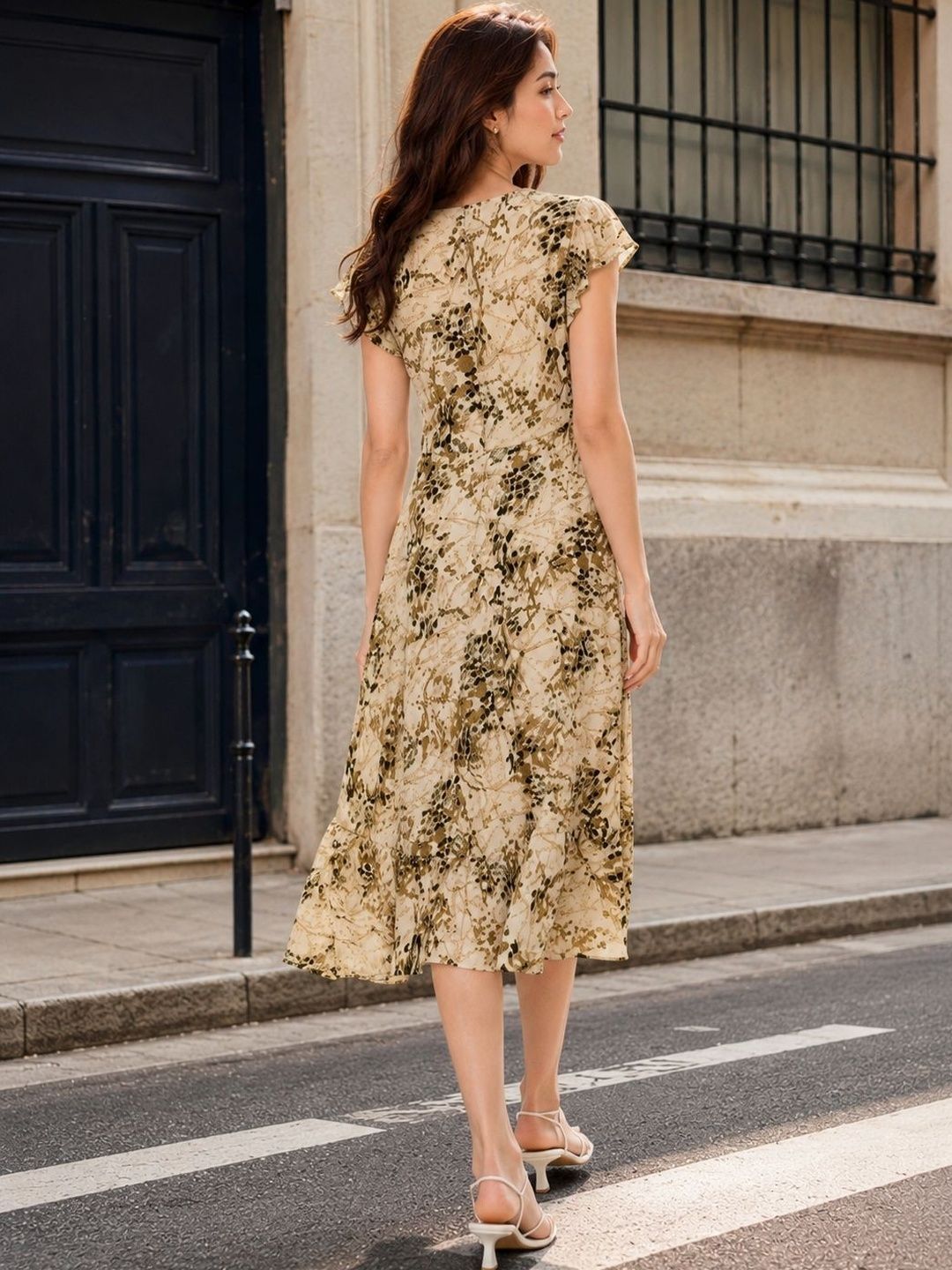 Print Flutter Sleeve Fit & Flare Midi Dress