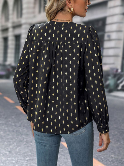 Women's Black Geometric Print Puff Sleeve Top