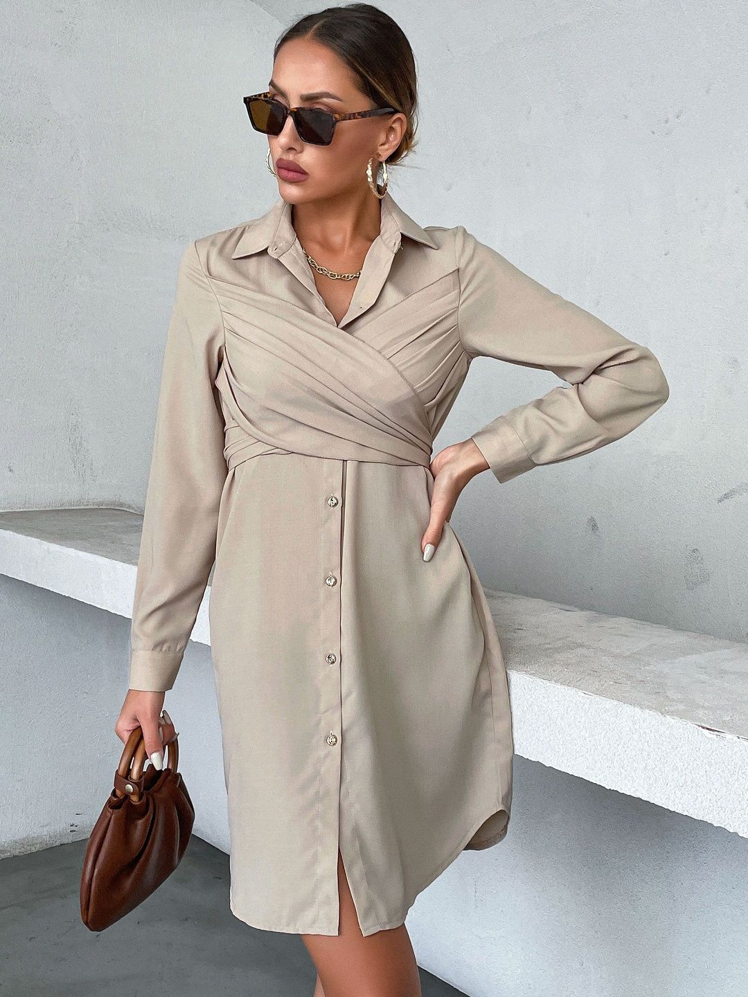 Shirt Dress in Beige Style 340 - Nowi Korean Fashion