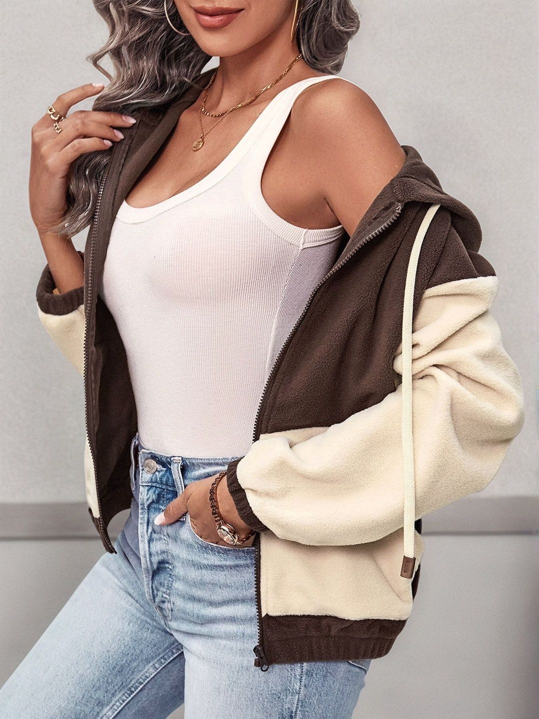 Women Colourblocked Fleece Bomber Jacket