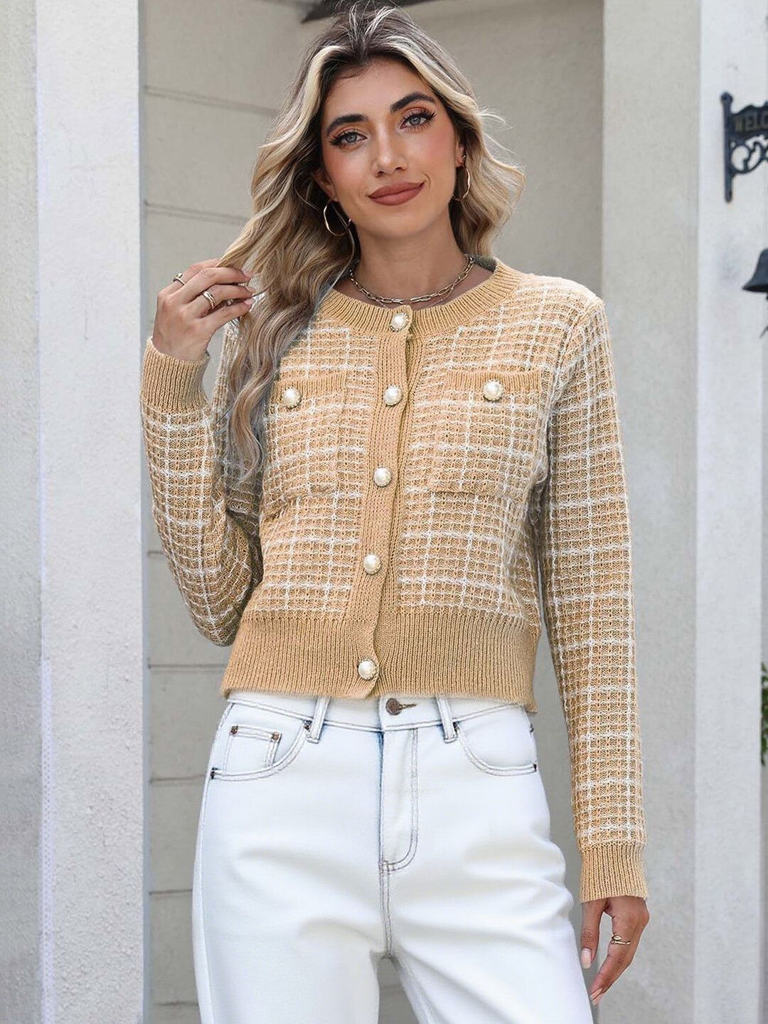 Checked Cardigan in Beige acrylic - Nowi Korean Fashion