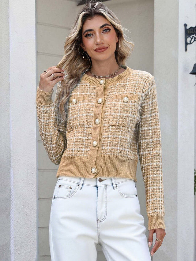 Checked Cardigan in Beige acrylic - Nowi Korean Fashion