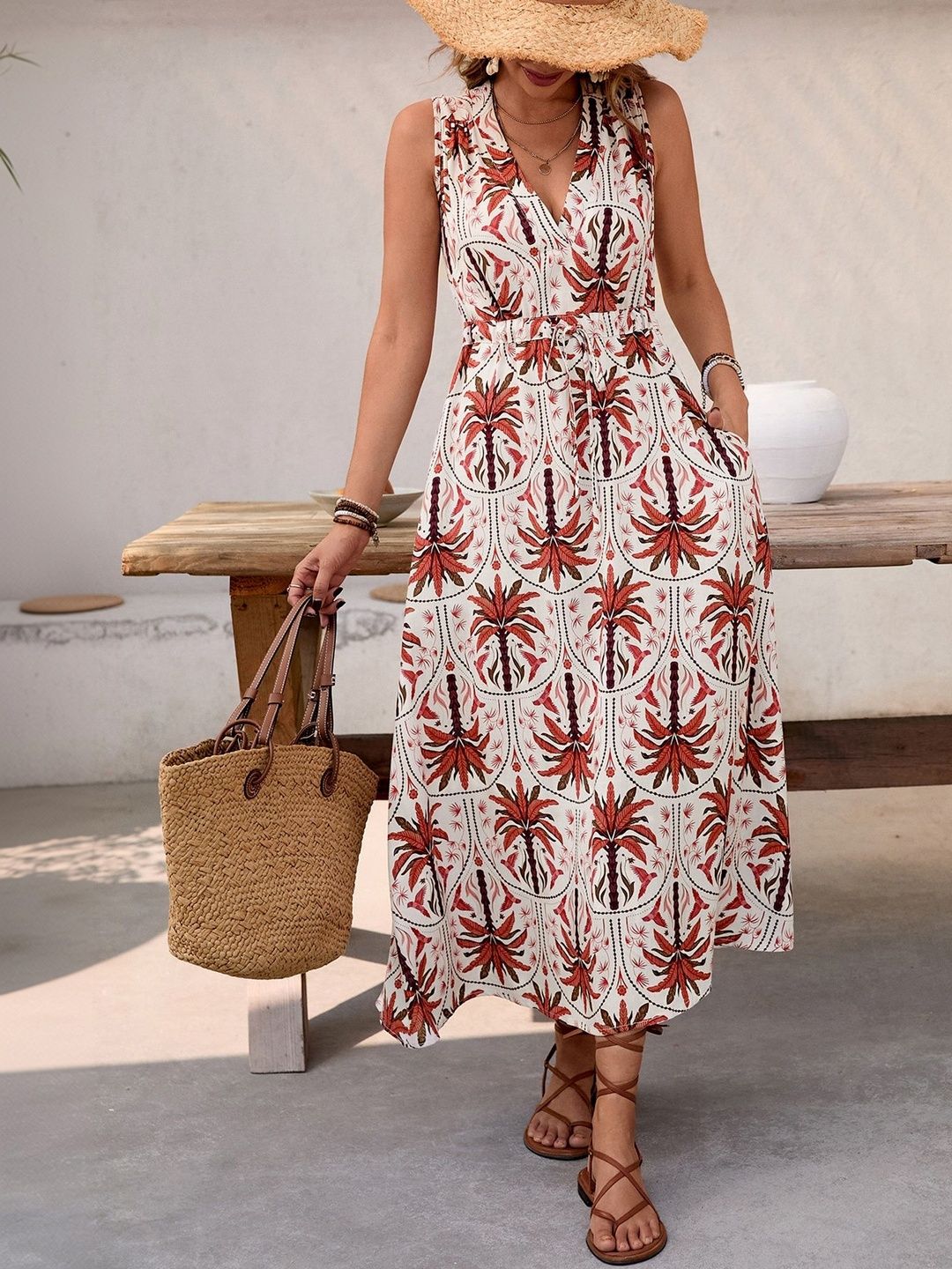 Tropical Print Sleeveless Midi Dress