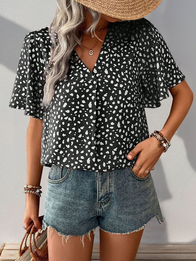 Print Top in Black polyester Printed Short Sleeve - Nowi Korean Fashion