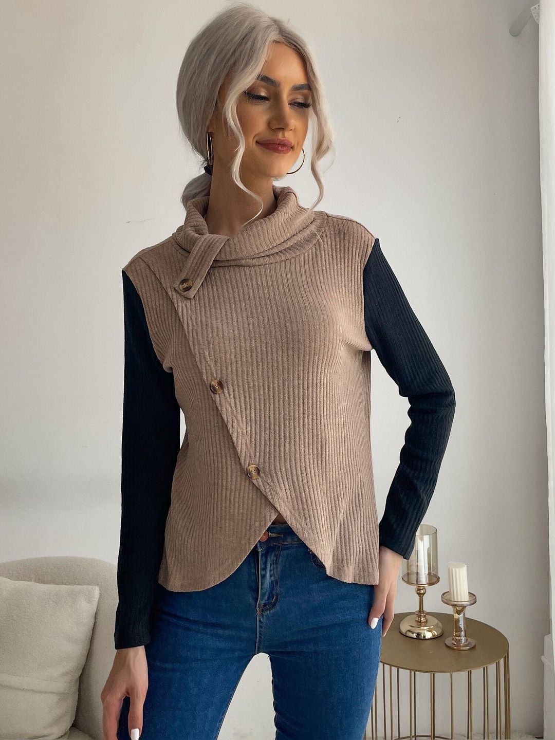 Women's Brown Ribbed Cowl Neck Sweater