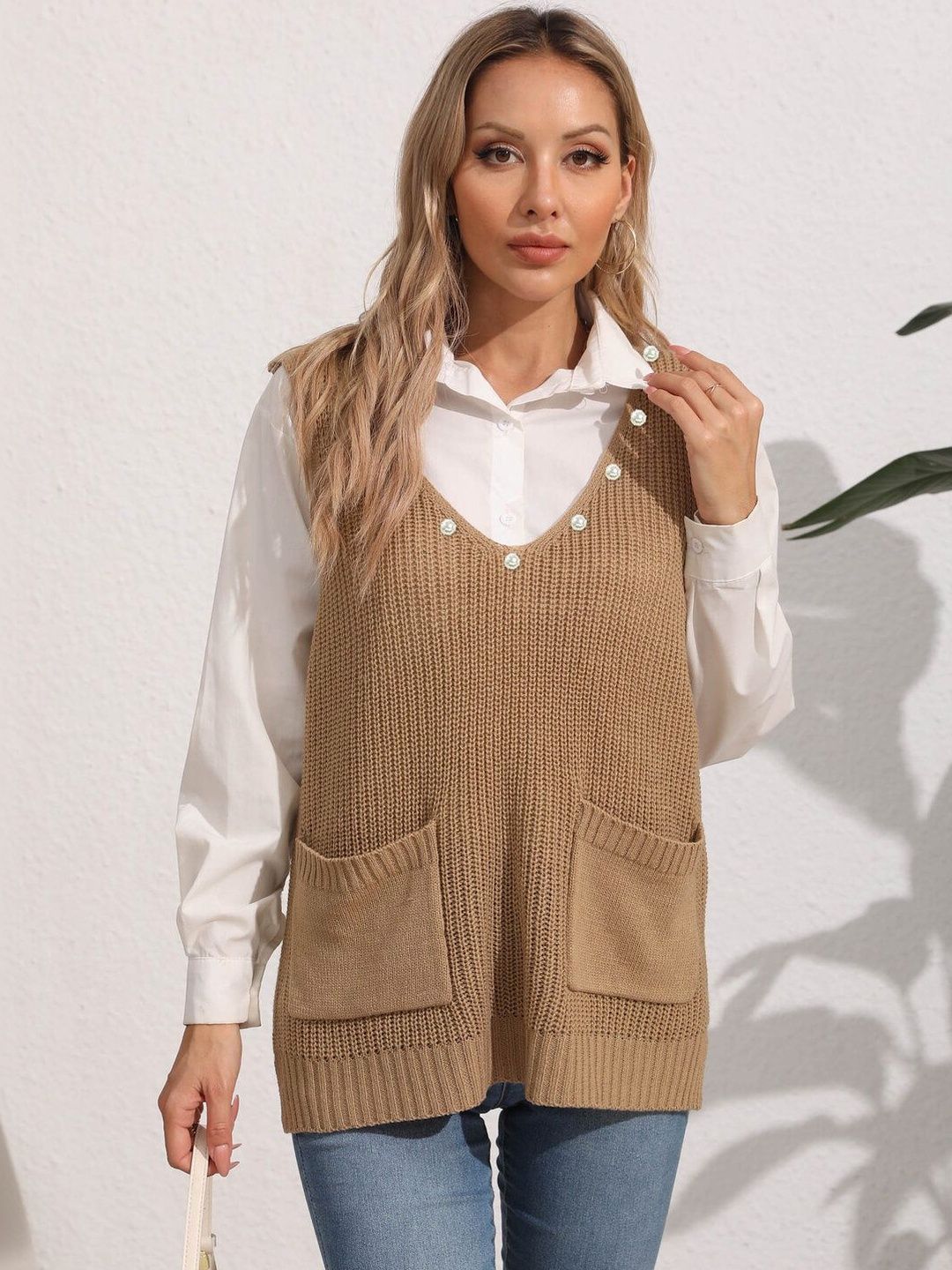 Ribbed Sweater Vest in Brown acrylic Style 476 - Nowi Korean Fashion