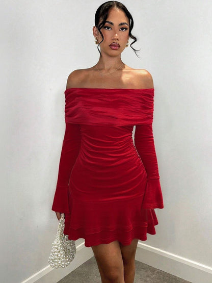 Women's Off-Shoulder Flared Sleeve Fit & Flare Mini Dress