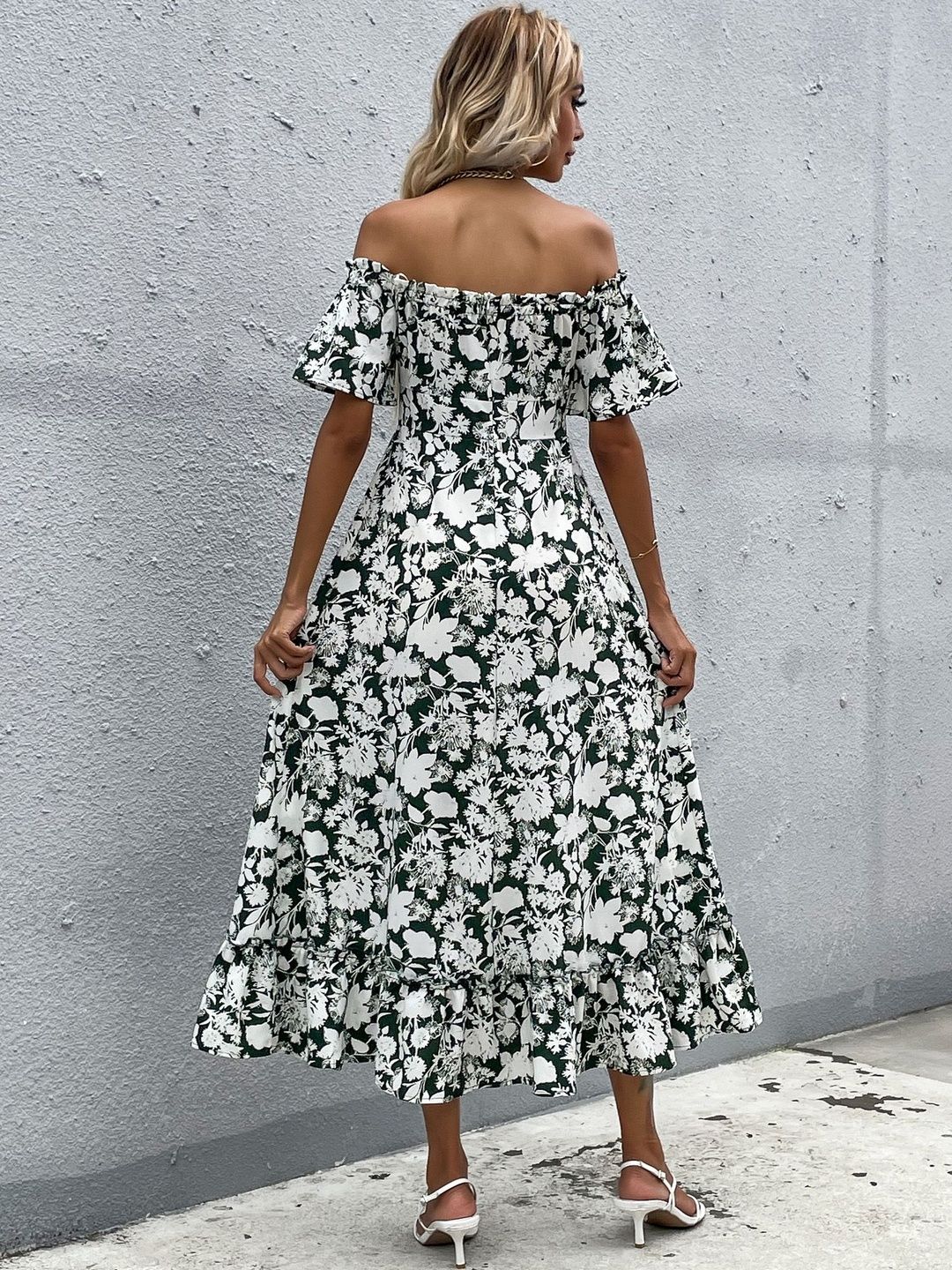 Floral Print Off-Shoulder Flared Sleeve A-Line Midi Dress