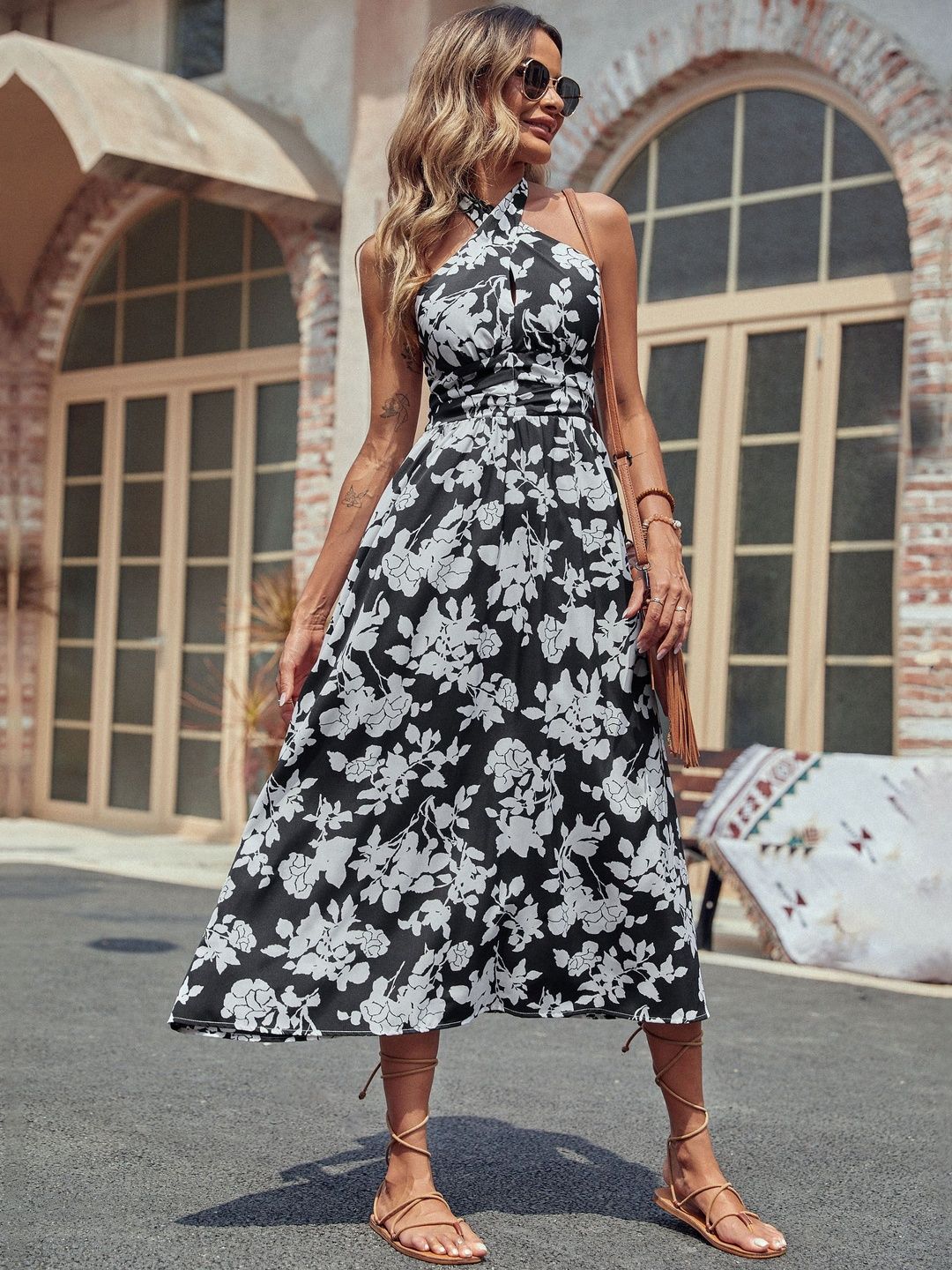 Floral Print Halter Neck Fit & Flare Midi Dress