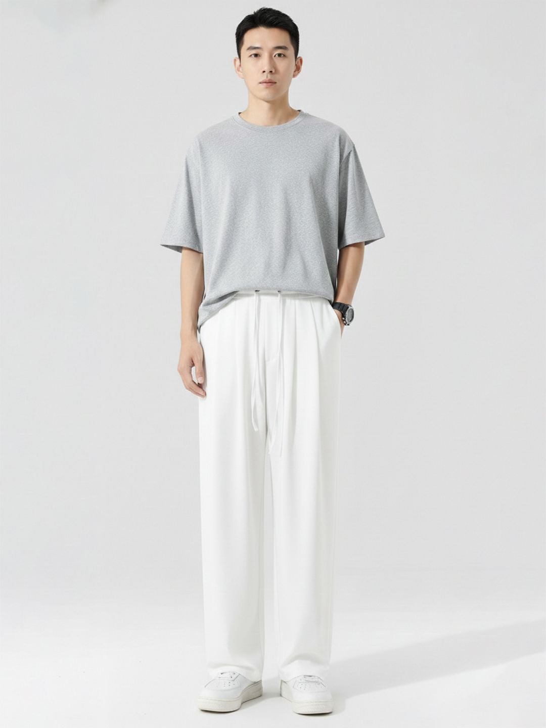 Relaxed Fit Wide Leg Drawstring Pants in White cotton - Nowi Korean Fashion