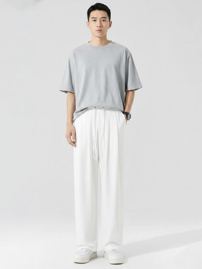 Relaxed Fit Wide Leg Drawstring Pants in White cotton - Nowi Korean Fashion
