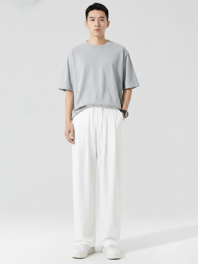 Relaxed Fit Wide Leg Drawstring Pants in White cotton - Nowi Korean Fashion