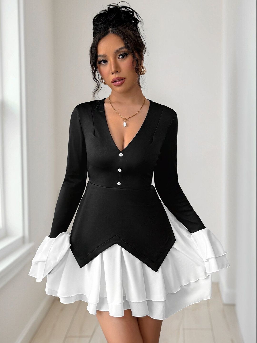 Colourblocked Flared Sleeve Ruffled Fit & Flare Mini Dress in Black - Nowi Korean Fashion