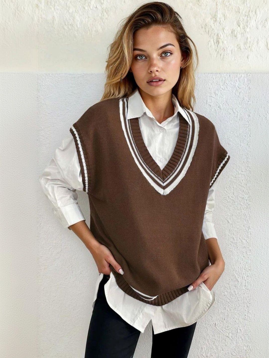 Striped Sweater Vest in Brown acrylic - Nowi Korean Fashion
