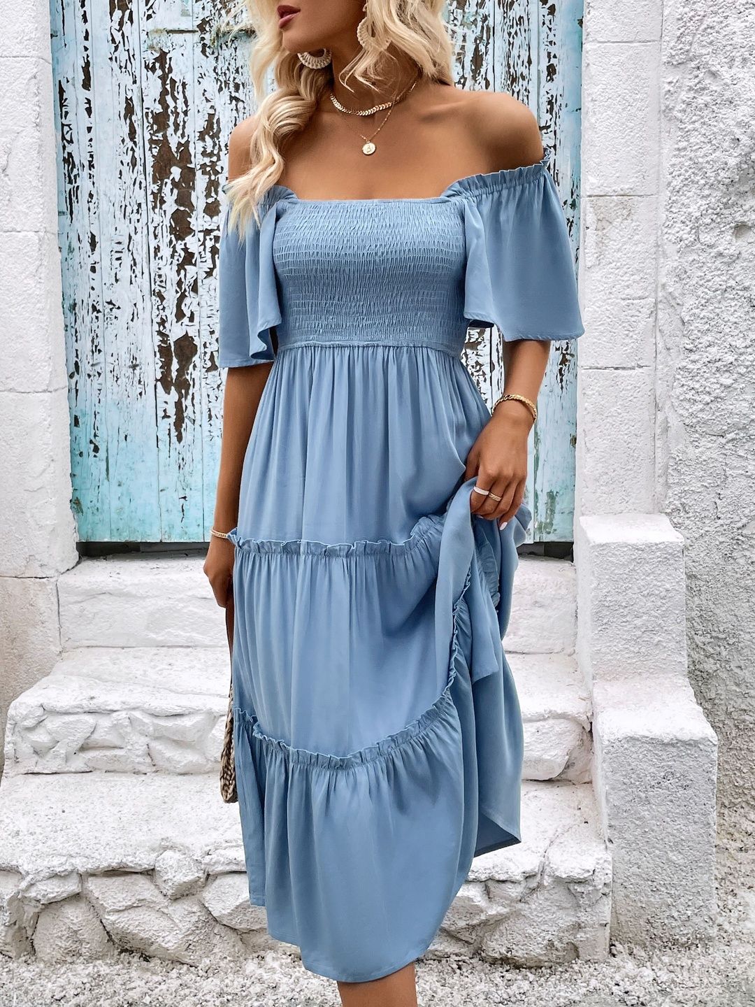 Off-Shoulder Flutter Sleeve Fit & Flare Midi Dress in Blue cotton - Nowi Korean Fashion