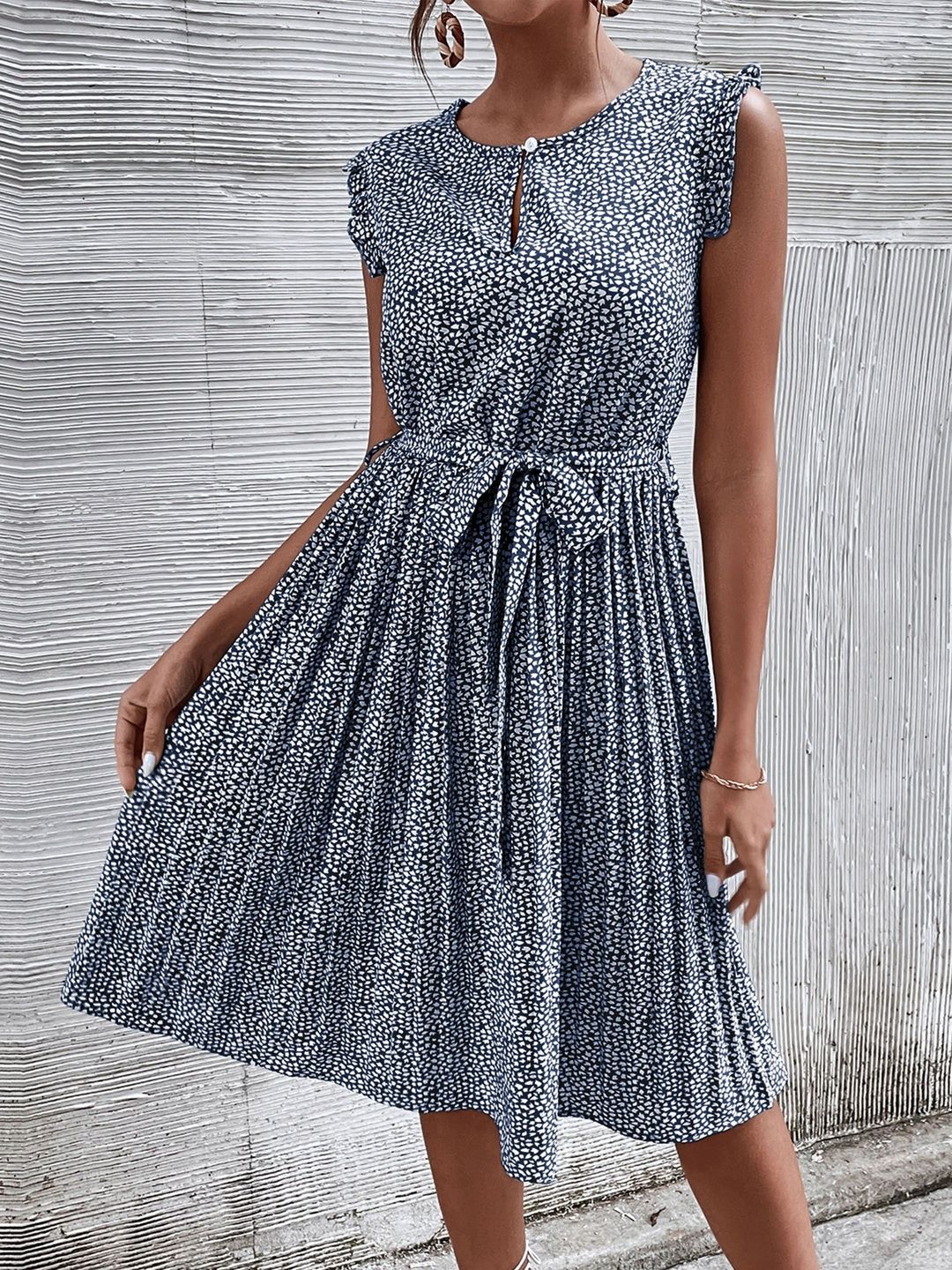 Print Keyhole Neck Flutter Sleeve Fit & Flare Dress